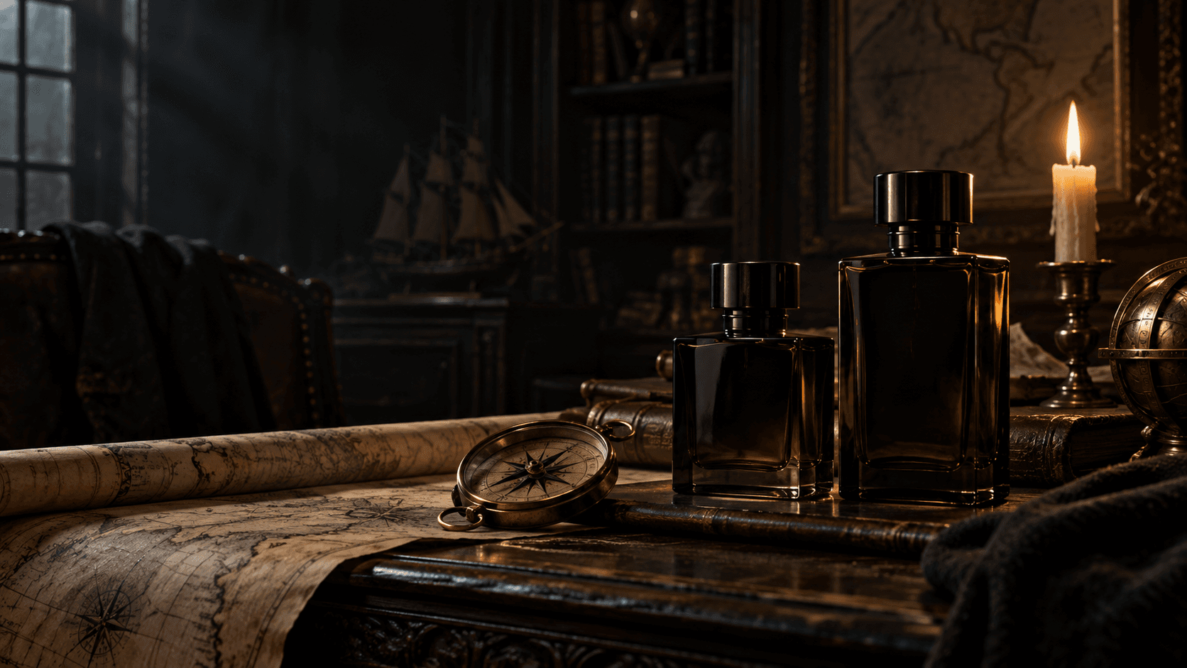 Perfume bottles in a candlelit historical archive